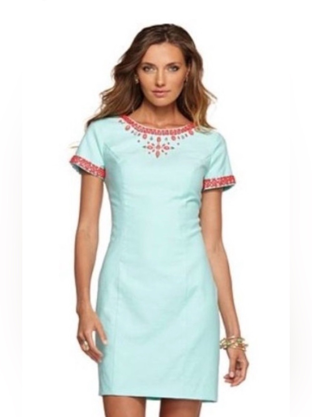 Lilly Pulitzer “Nora” Light Blue w/ Coral Beading Embellished Dress S8 EUC